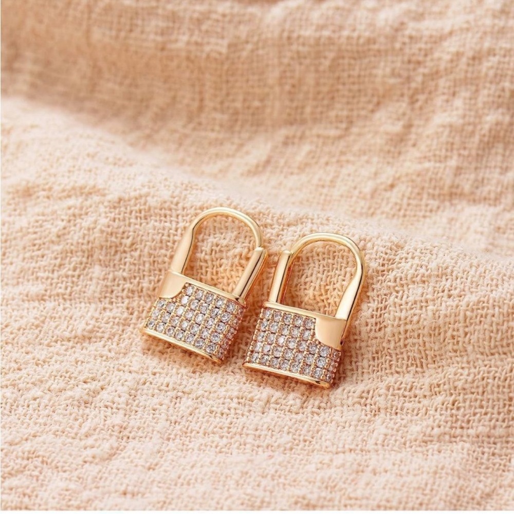 14K Gold Plated Cubic Zirconia Lock Earrings Padlock Dangle Earrings